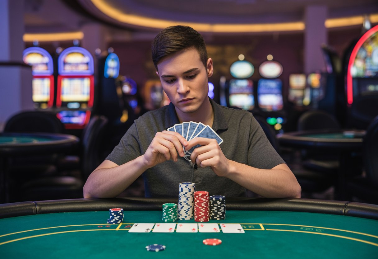 A person sitting at a casino table with poker chips and cards, focused on their game.