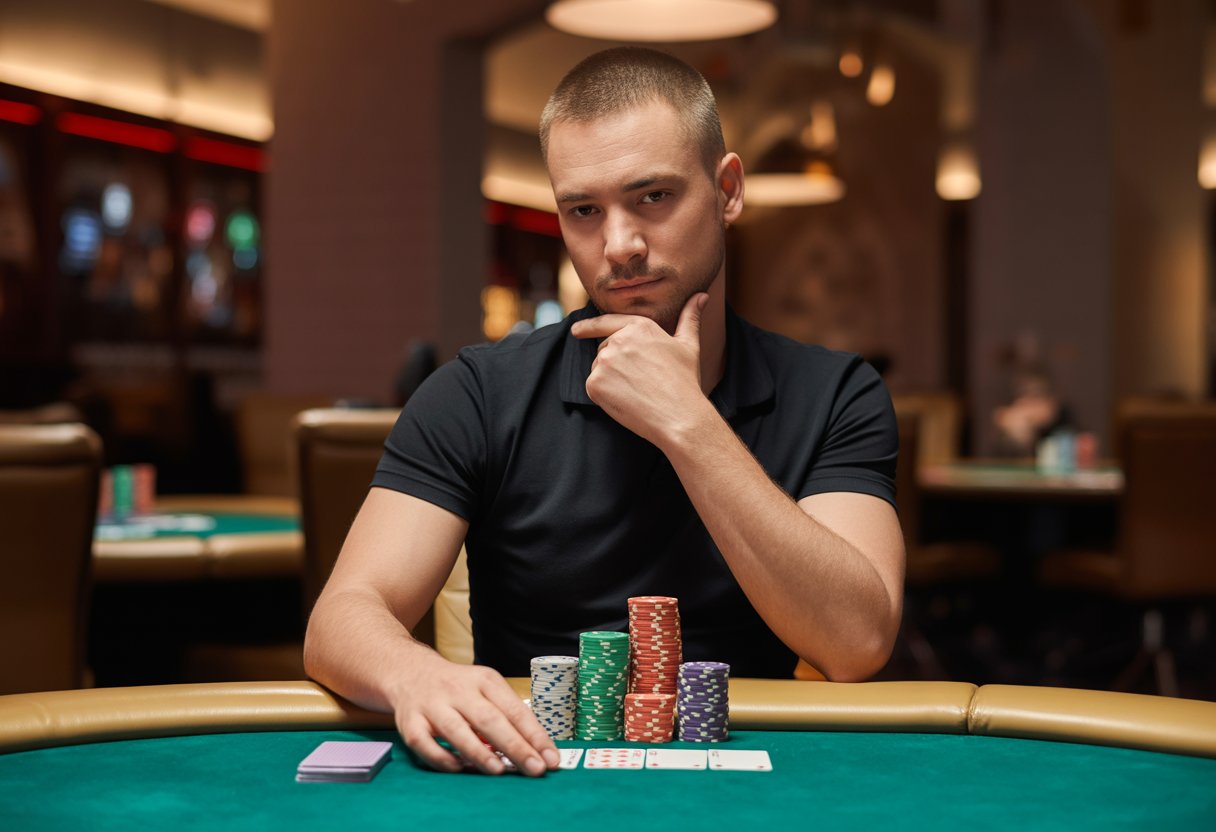 A person sitting at a poker table with poker chips and cards, concentrating on their next move in a casino setting.