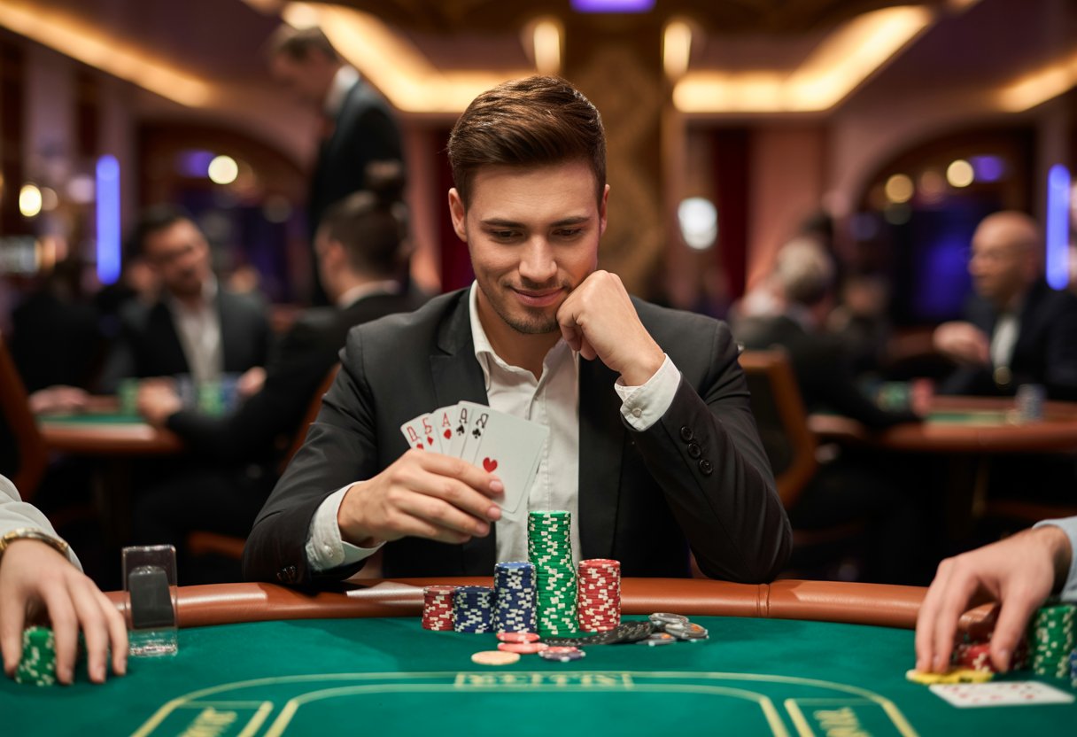 A poker player concentrating at a casino table with poker chips and cards, surrounded by other players and a dealer.